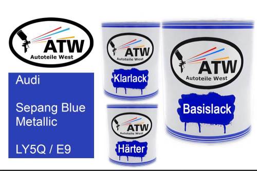 Audi, Sepang Blue Metallic, LY5Q / E9: 1L Lackdose + 1L Klarlack + 500ml Härter - Set, von ATW Autoteile West.